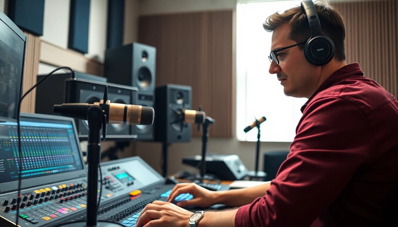 Engaged audio engineer perfecting online mastering techniques at a well-equipped studio.