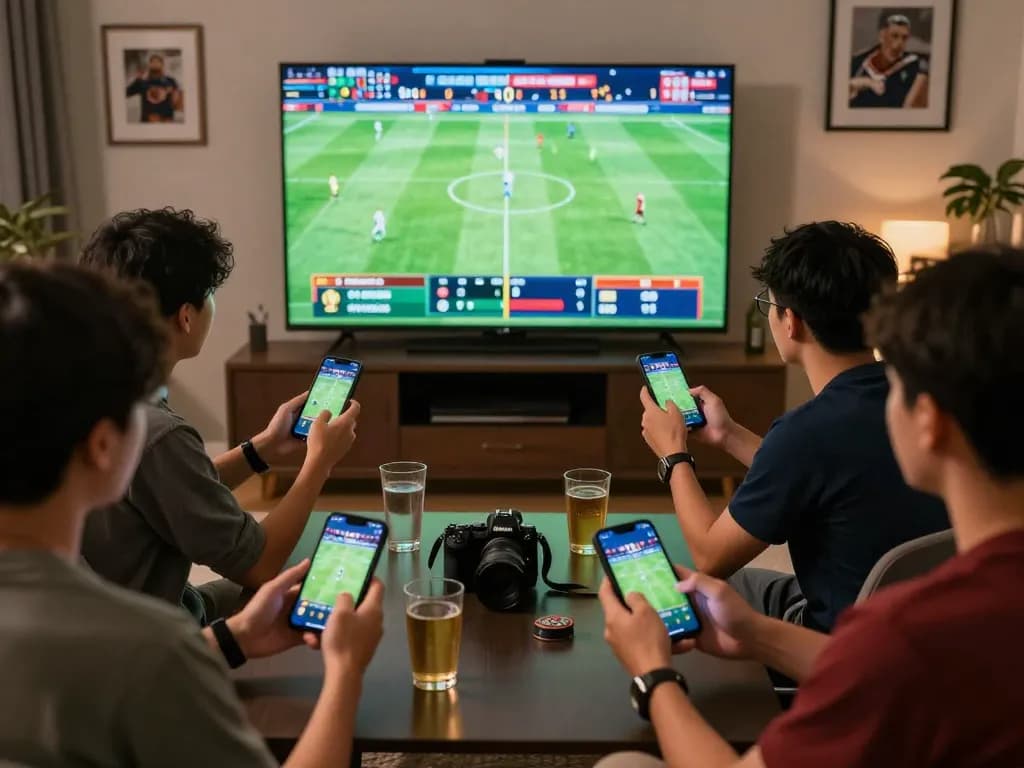 Friends engaging in lively sports betting on kèo nhà cái trực tiếp while watching a live match.