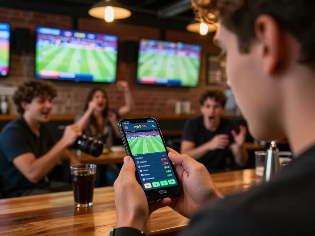 Watching live sports on mobile app for lucky88 betting with friends in vibrant sports bar