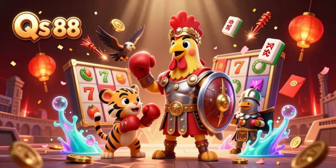 Engage with Qs 88’s exciting slots scene featuring animated characters and colorful casino elements.