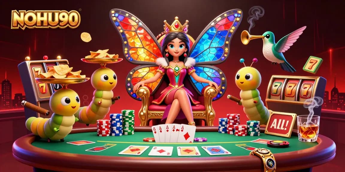 Experience thrilling gaming at NOHU90 with a vibrant scene of colorful characters and casino elements.