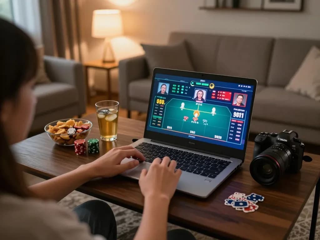 Player engaging in strategic poker gameplay on f168 online platform, cozy home environment enhancing the gaming experience.
