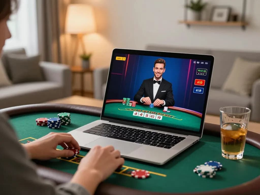 Player enjoying live dealer blackjack on Kwin site, showcasing modern gaming setup and vibrant atmosphere.