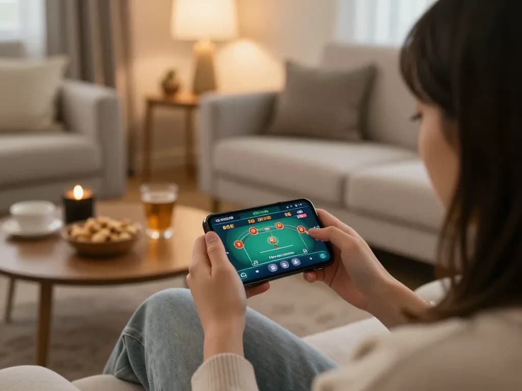 Player engaging with 789CLUB app on smartphone at home, showcasing vibrant online gaming atmosphere.