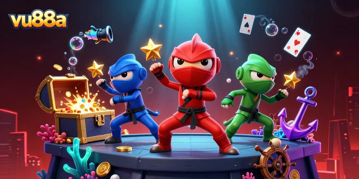 vu88a showcases thrilling casino adventures with vibrant ninjas and treasure in this dynamic illustration