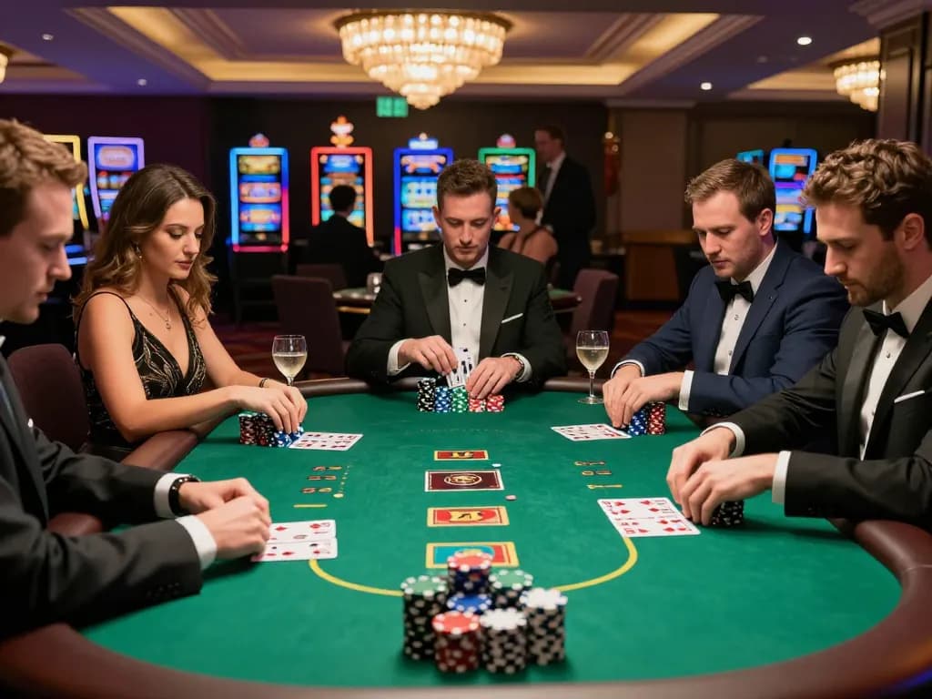 Link Resmi Parlay Golbos showcasing a high-stakes poker game with glamorous players and colorful chips on a casino table.
