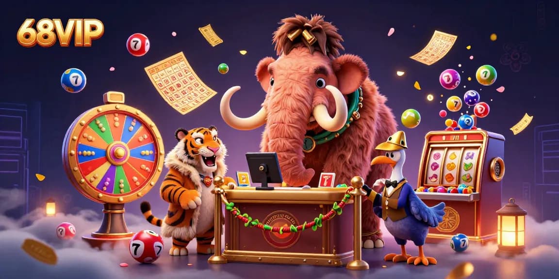 Experience the vibrant excitement of 68VIP with a mammoth bouncer and colorful game elements.