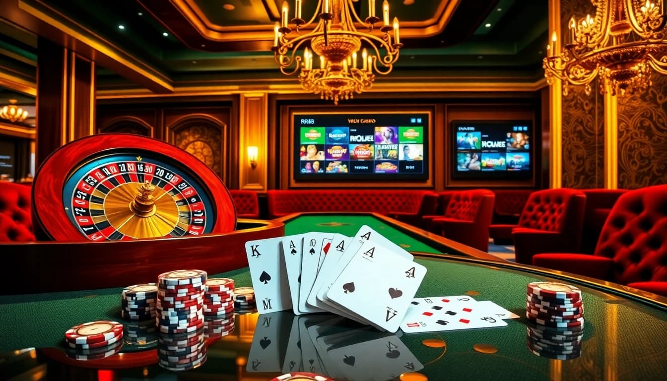 RR88 casino table with poker chips and luxurious roulette wheel in an elegant environment.