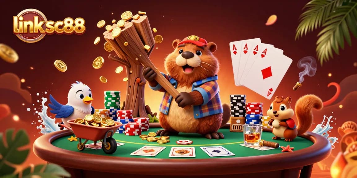 Play games like link sc88 with a 3D cartoon lumberjack beaver and friends collecting gold coins.
