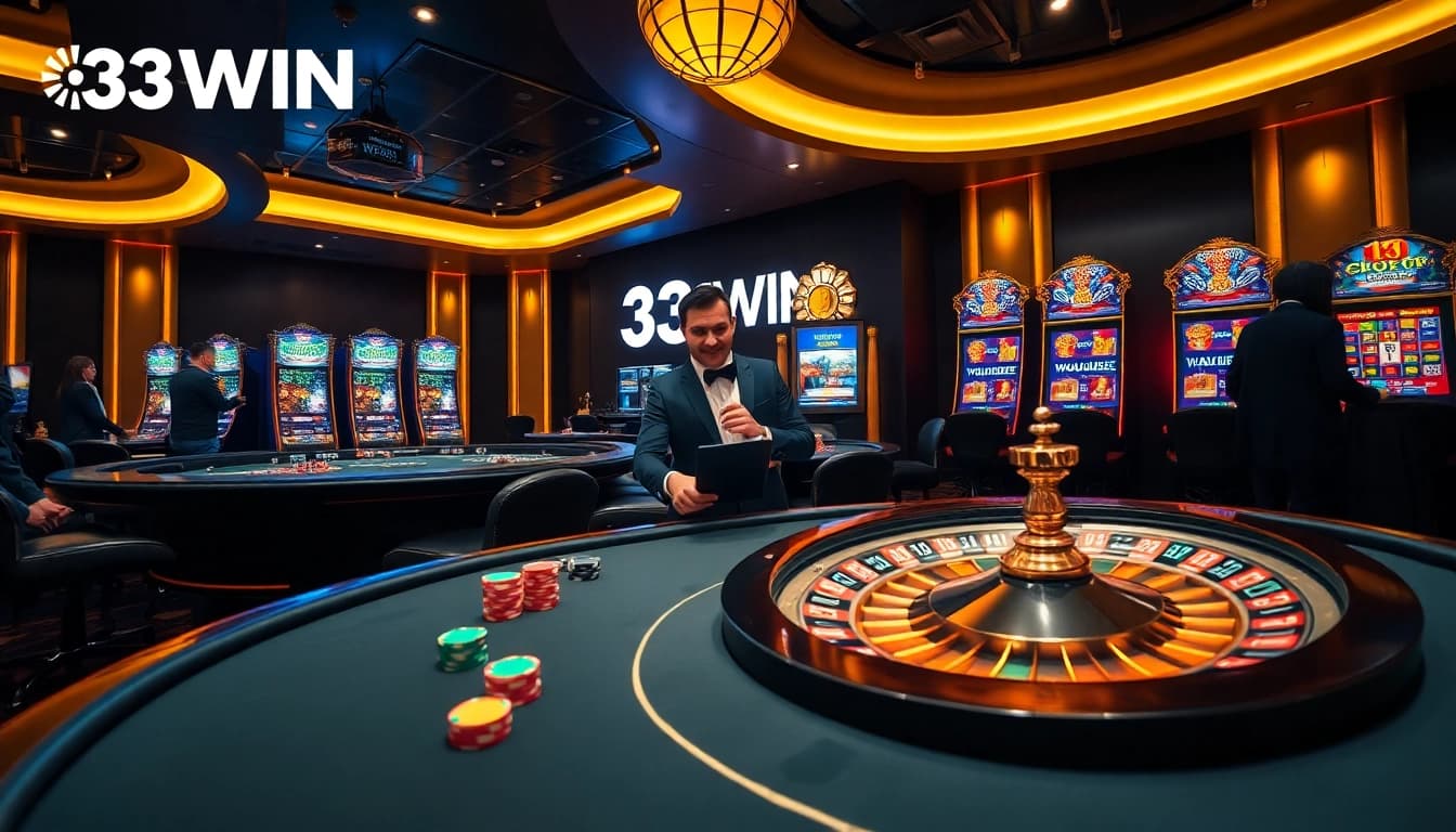 Players winning at 33WIN casino with poker chips and a roulette wheel.