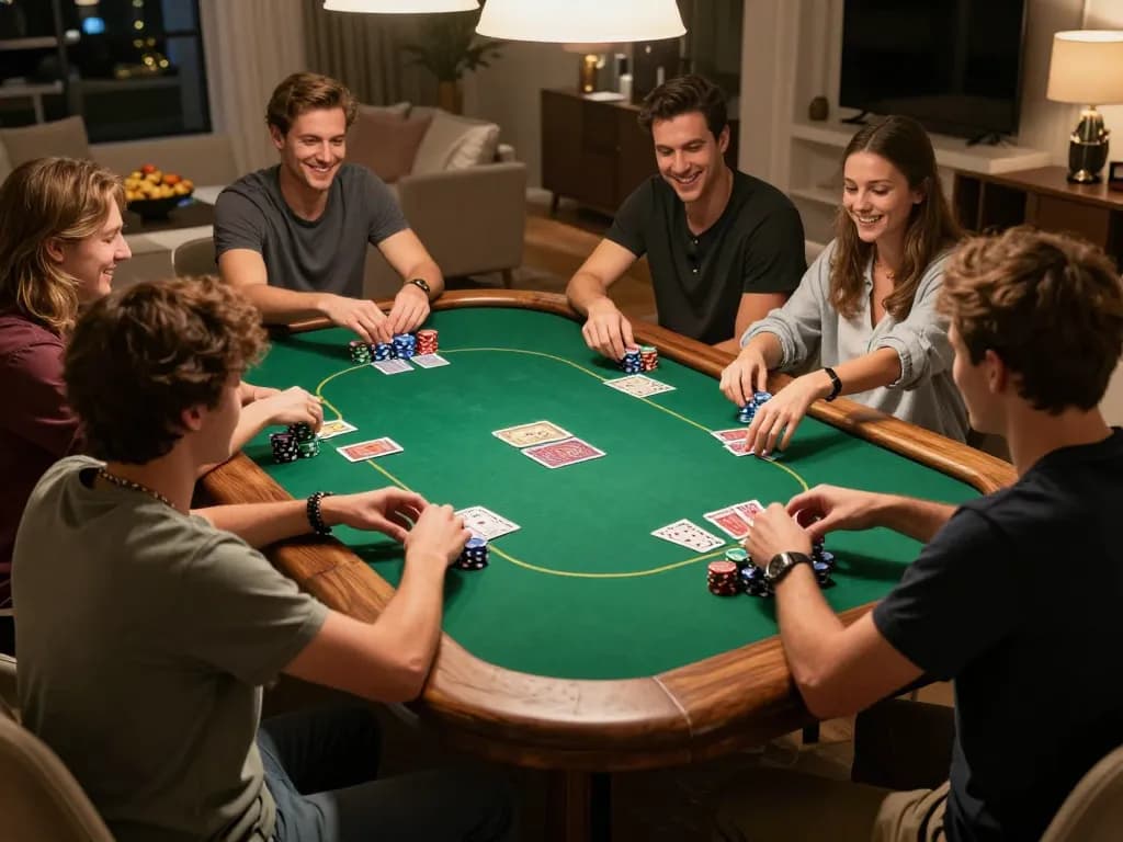 Friends enjoy a thrilling poker game at home, showcasing the excitement of 11win's gaming experience.