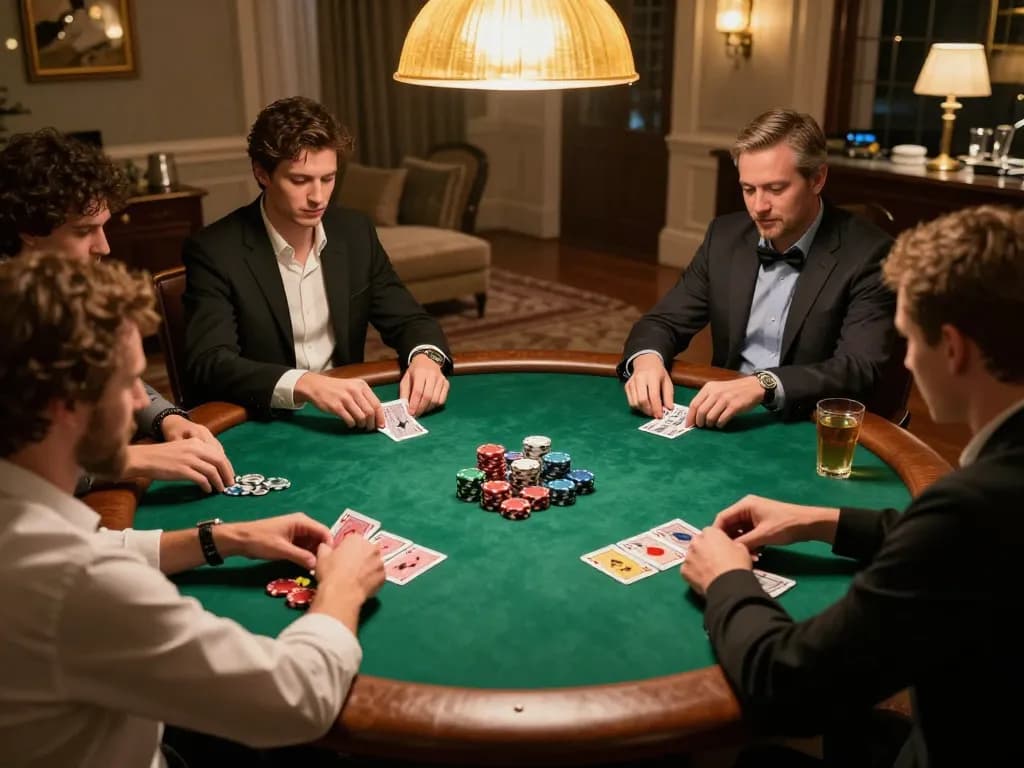 Players at a private poker game in a luxurious setting enjoying their time at 789win.com.