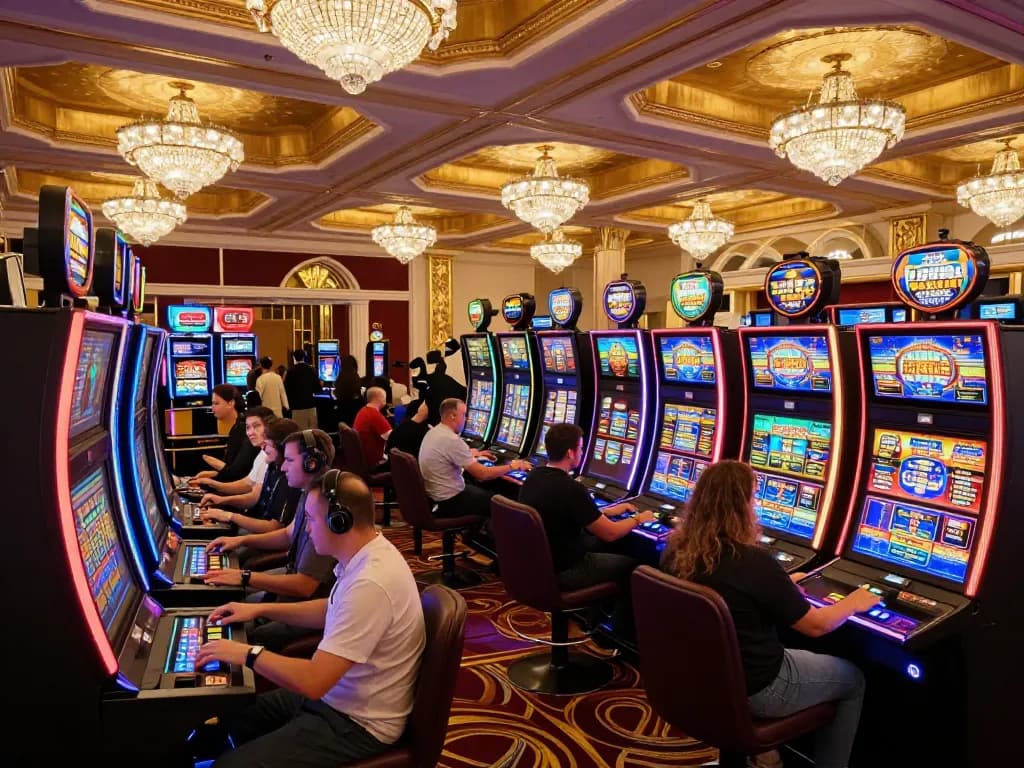 Players engaging with colorful slot machines and a vibrant atmosphere, representing Bet88's exciting casino experience.