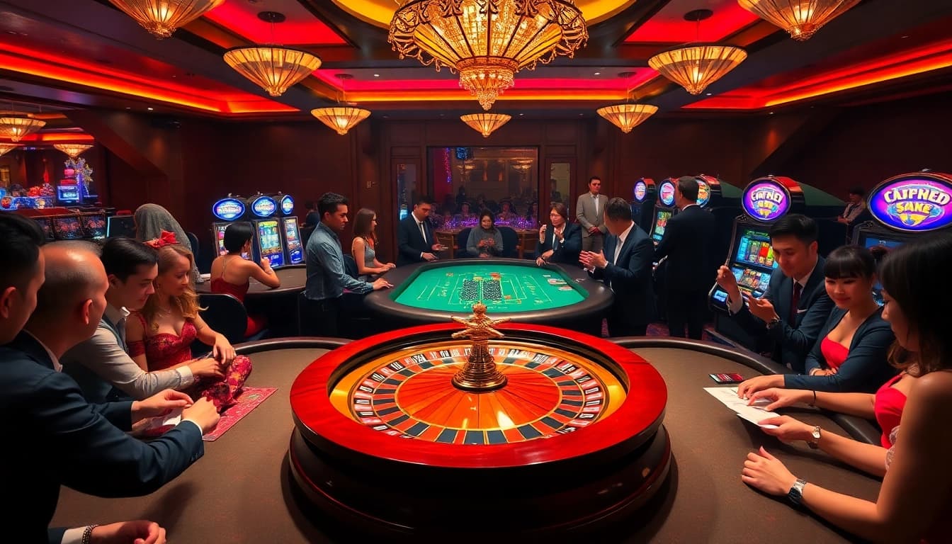 Engaged gamblers enjoying their play at https://rr88.black/ in a luxurious casino atmosphere.
