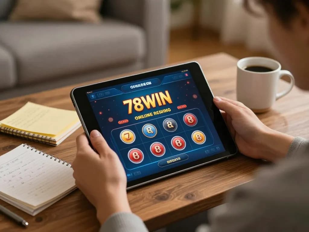 Player exploring 78WIN online casino on tablet with notes and coffee in cozy setting.