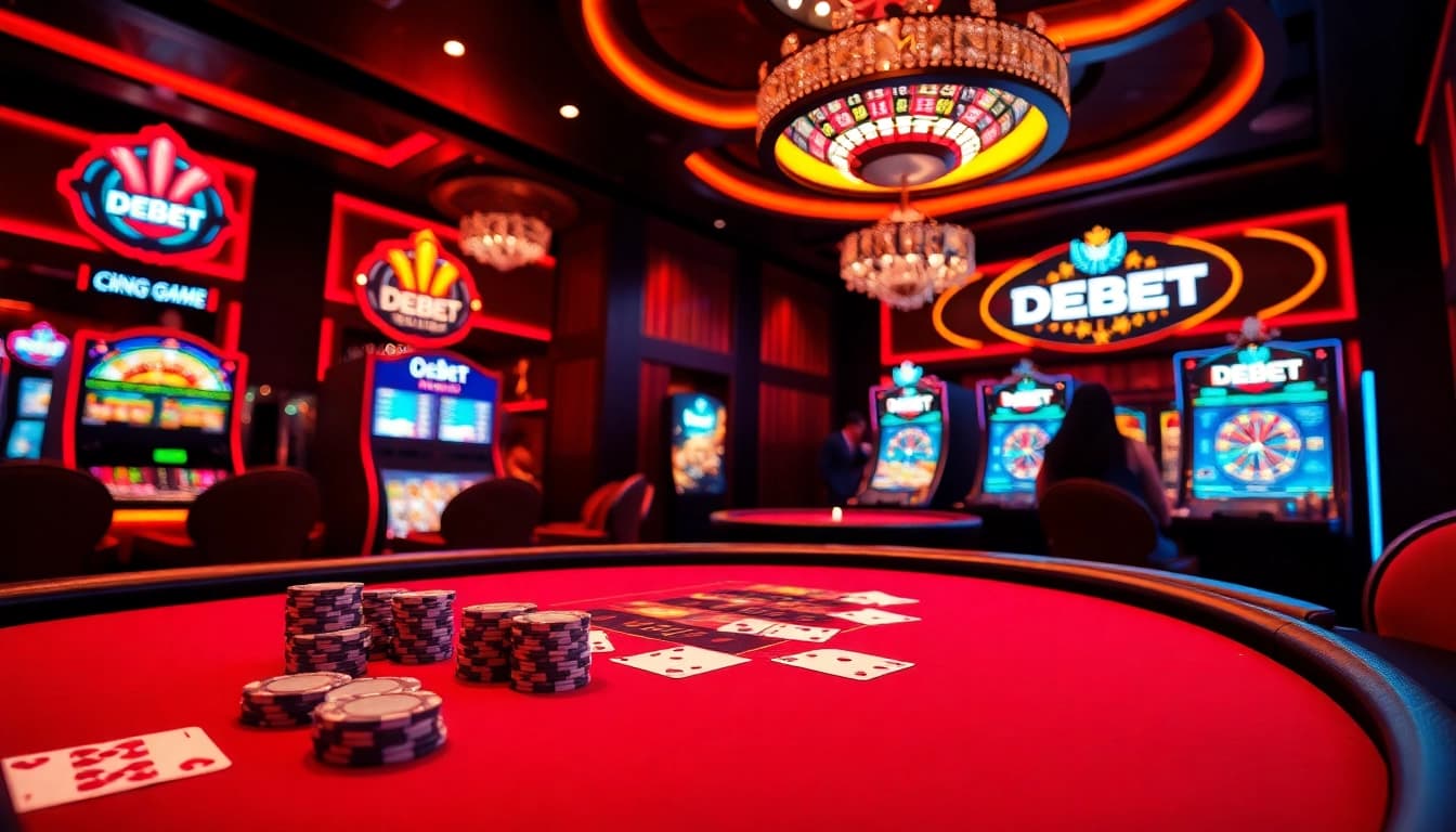 Cổng Game DEBET offers an exhilarating experience with vibrant casino visuals featuring gaming tables and slot machines.