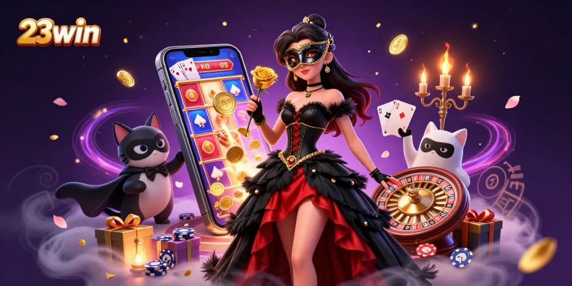 Engage with 23win's vibrant slot games featuring stunning characters, golden coins, and immersive casino elements.