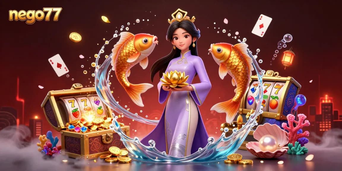 Nego77 offers an exciting gaming atmosphere, featuring a beautiful Asian woman in elaborate attire surrounded by vibrant slot machine elements and koi fish.