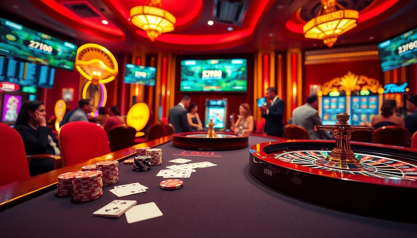 Experience the excitement of casino gaming with a vibrant scene showcasing https://f168.tools/ poker tables and roulette wheels.