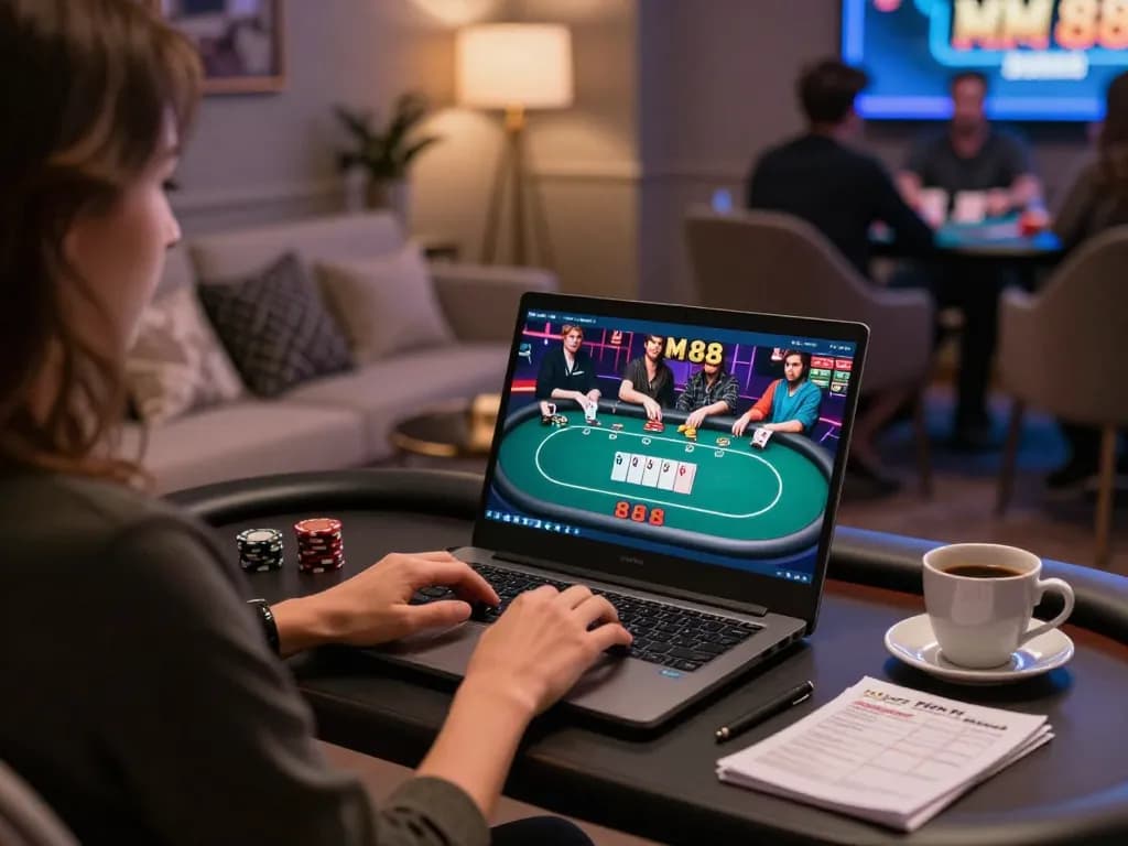 Engaged player enjoying MM 88 online poker, warm cozy atmosphere with strategy notes and laptop.