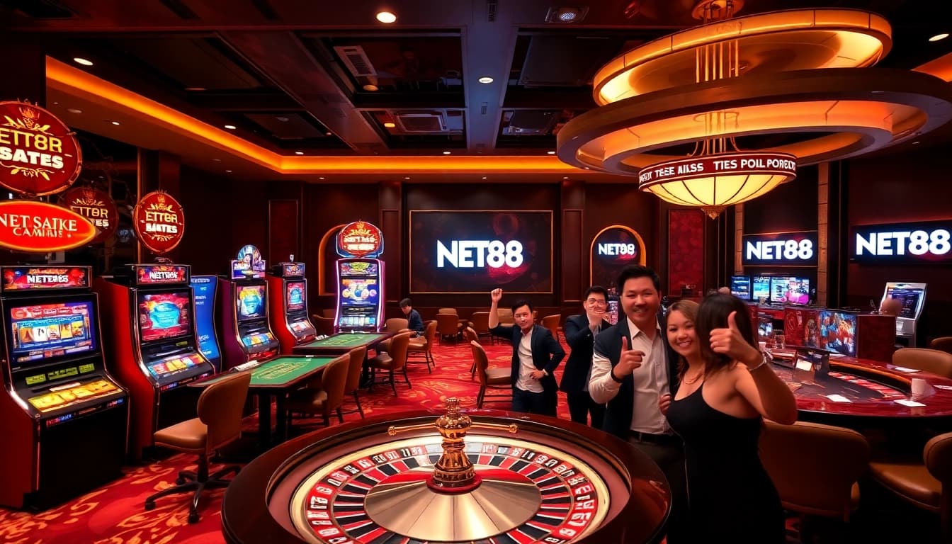 Celebrating victory at a vibrant casino, featuring NET88's logo amid luxurious gaming tables.