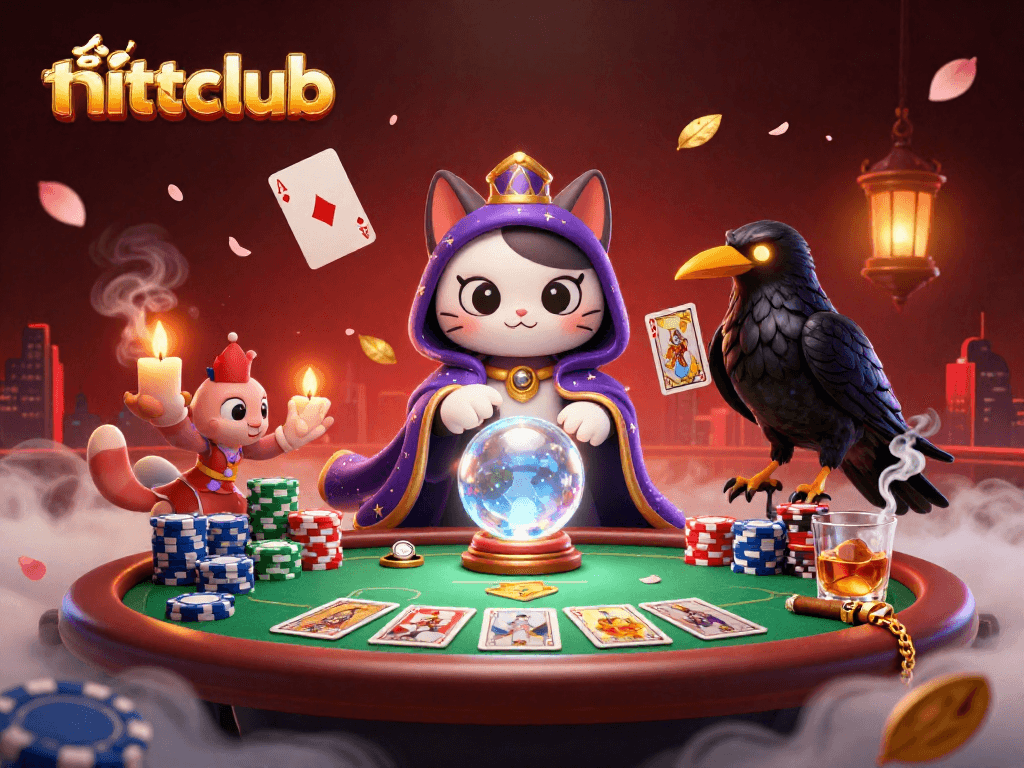 Experience the thrill of tải hitclub with a mystical cat and raven in a vibrant casino scene.