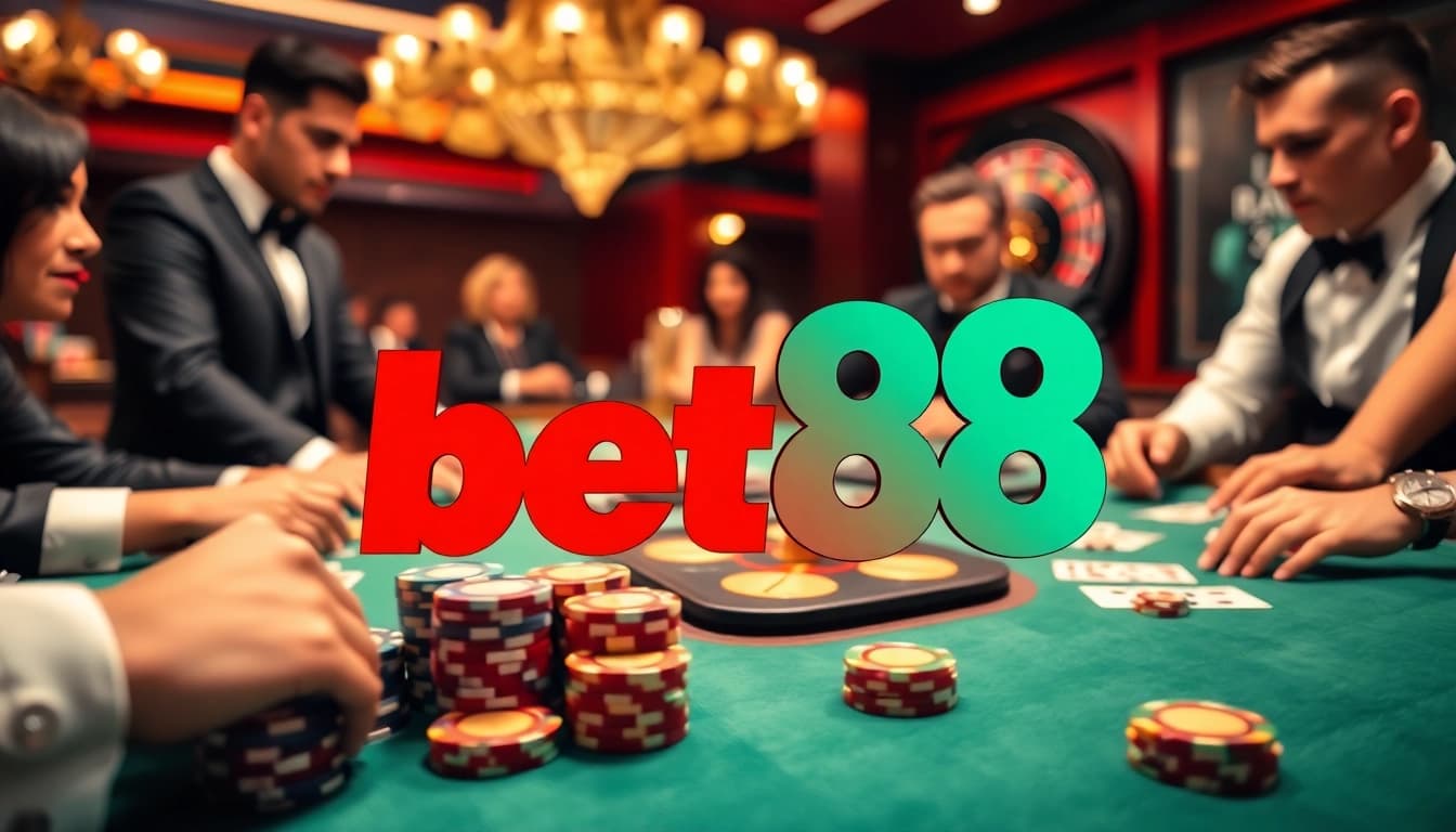 Engaging Bet88 poker table with vibrant chips and skilled players showcasing high-stakes action.