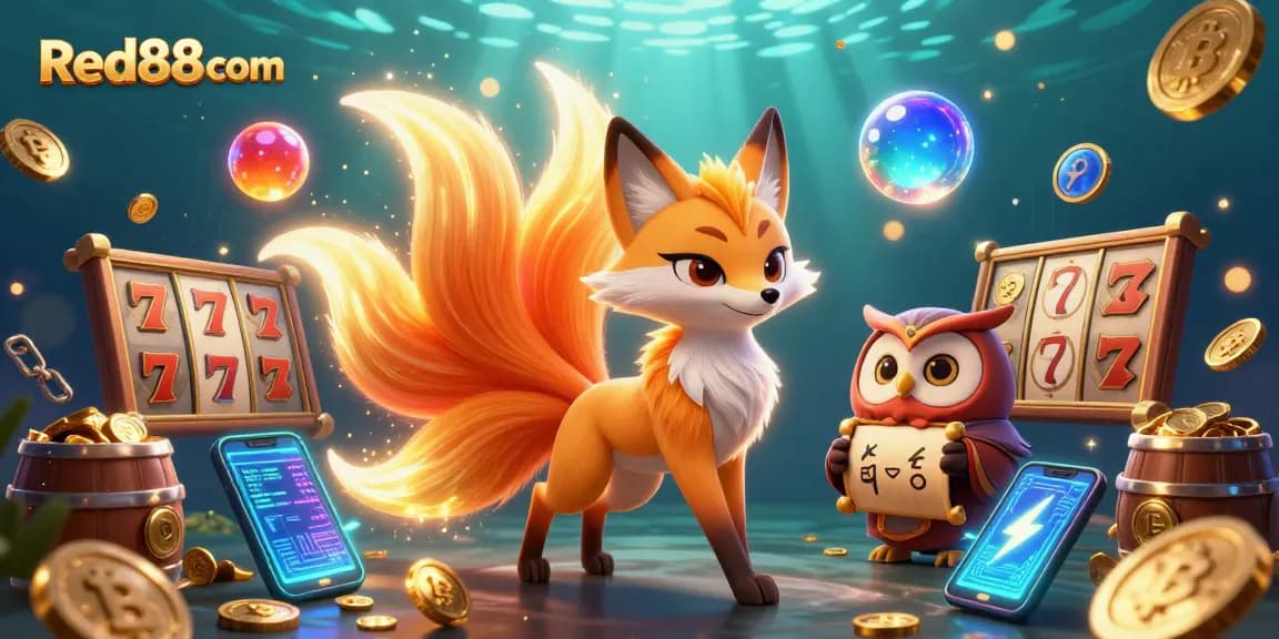 Engage in gaming fun with Red88 com, a vibrant art piece showcasing a colorful nine-tailed fox and dynamic slot visuals.