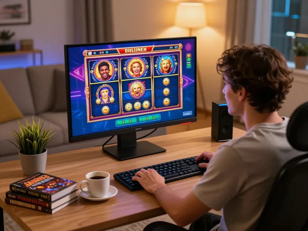 Người chơi LỢI8 tham gia vào các trò chơi slot trực tuyến sống động trên máy tính để bàn phong cách trong phòng chơi game ấm cúng.