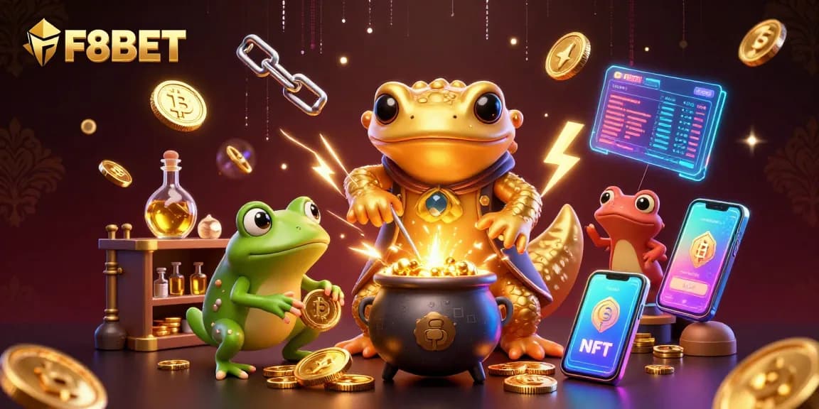 Bet on F8BET to witness a magical scene with gold coins, alchemists, and vibrant crypto symbols.