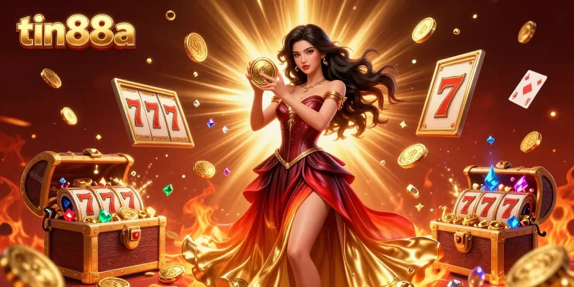 Experience fortune at tin88a with a stunning Asian woman holding a golden coin amidst a dazzling casino backdrop.