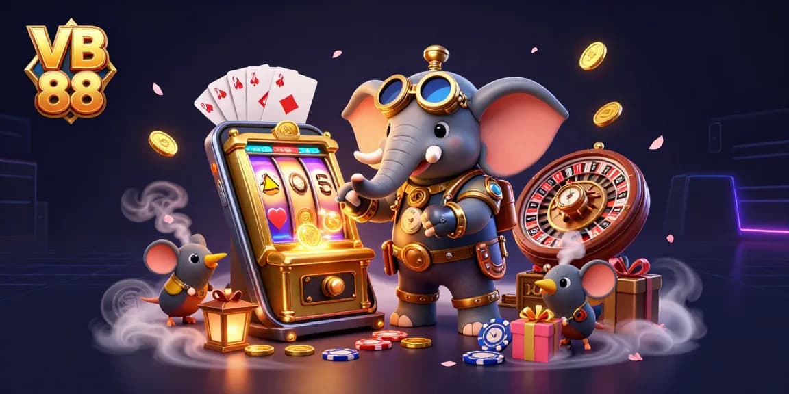 Experience thrilling slots with VB 88 featuring a lively 3D casino scene with animated characters and dynamic gaming elements.