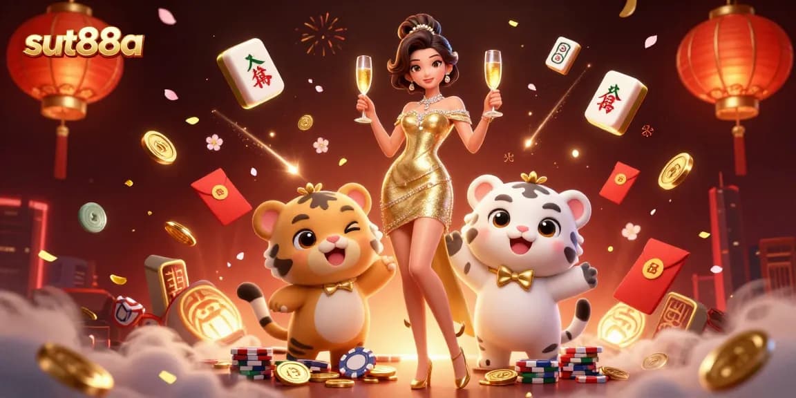 Sut88a showcases a glamorous woman and a lucky tiger cub surrounded by festive casino elements.