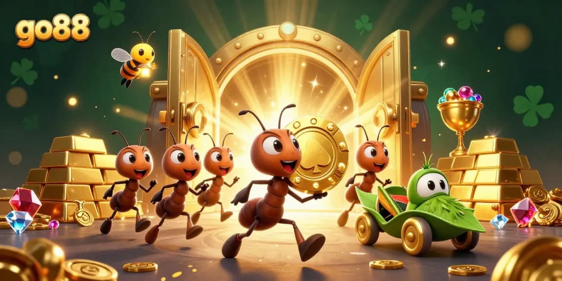 go88's animated heist with ants, poker chips, and golden treasures in a vibrant casino scene.