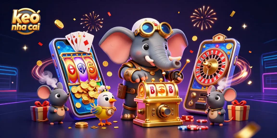 Experience winning moments with keo nha cai in a vibrant steampunk-themed illustrated casino scene.