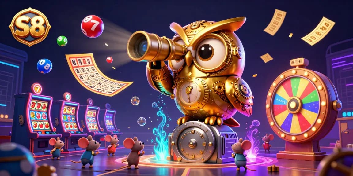 Experience vibrant S8 gambling adventures with a clockwork owl and dynamic lottery elements.