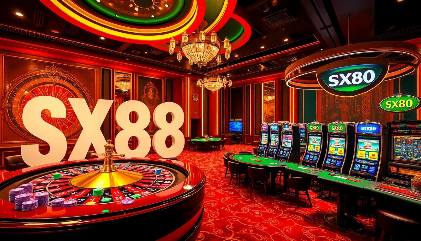 SX88 gaming scene featuring a luxurious casino floor with roulette, poker, and slot machines.