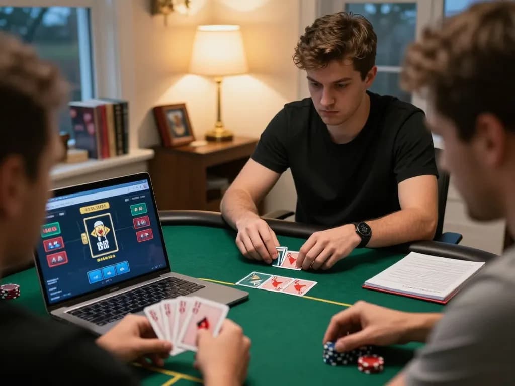 The strategic player engages in an online game on QQ88bet, analyzing poker hands in a cozy study.