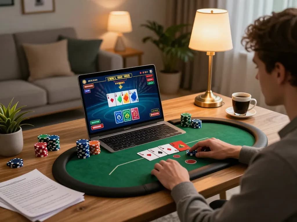 RR88 player strategically placing bets on an online poker game interface at a cozy home desk.