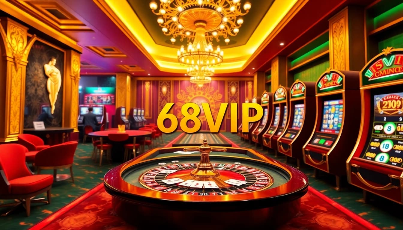 Engage with Link Vào Nhà Cái 68VIP at a luxurious casino table showcasing chips and rolling slot machines.