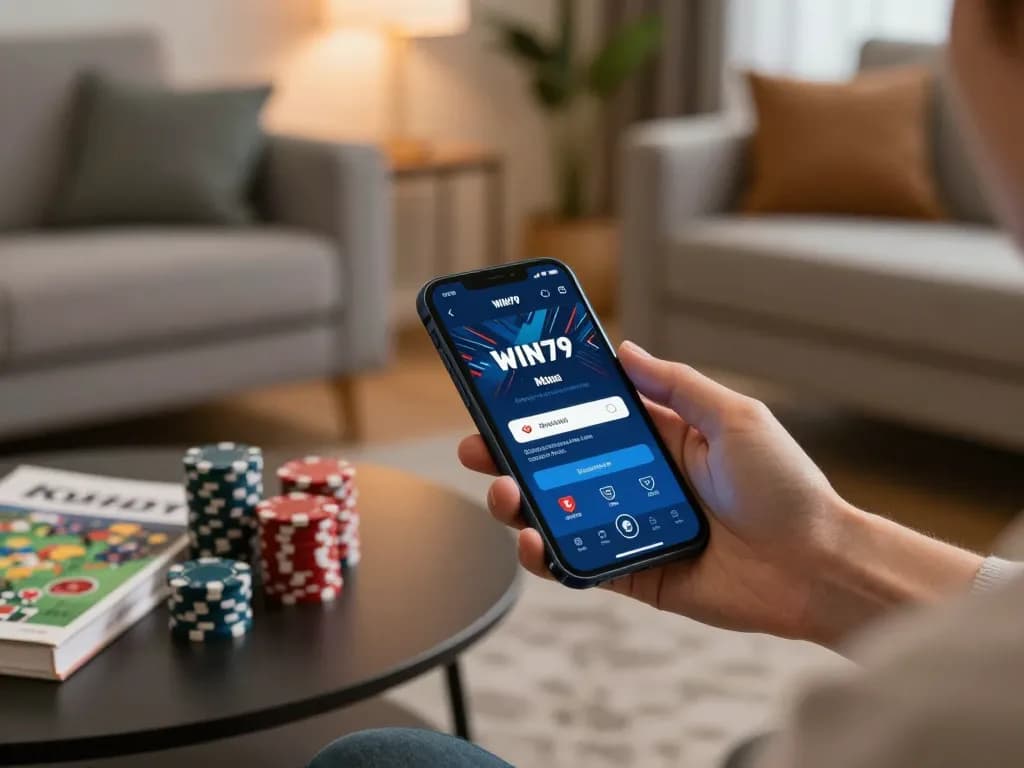 WIN79 mobile app user placing bets on their smartphone in a cozy home environment.