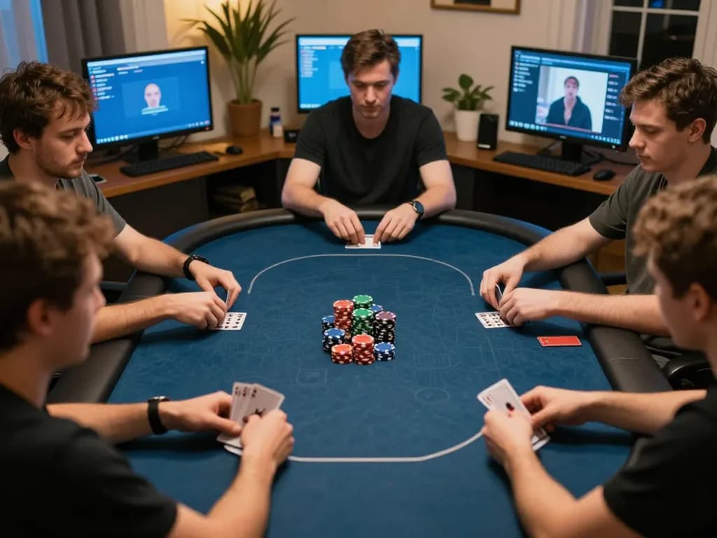 Players engaged in a live online poker game featuring icm88 platform, colorful chips and cards visible