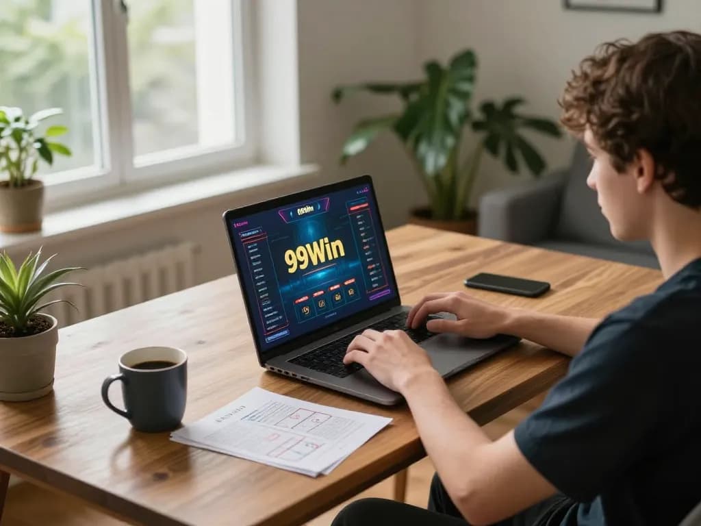 Playing 99Win on a laptop with strategy notes in a cozy home setting