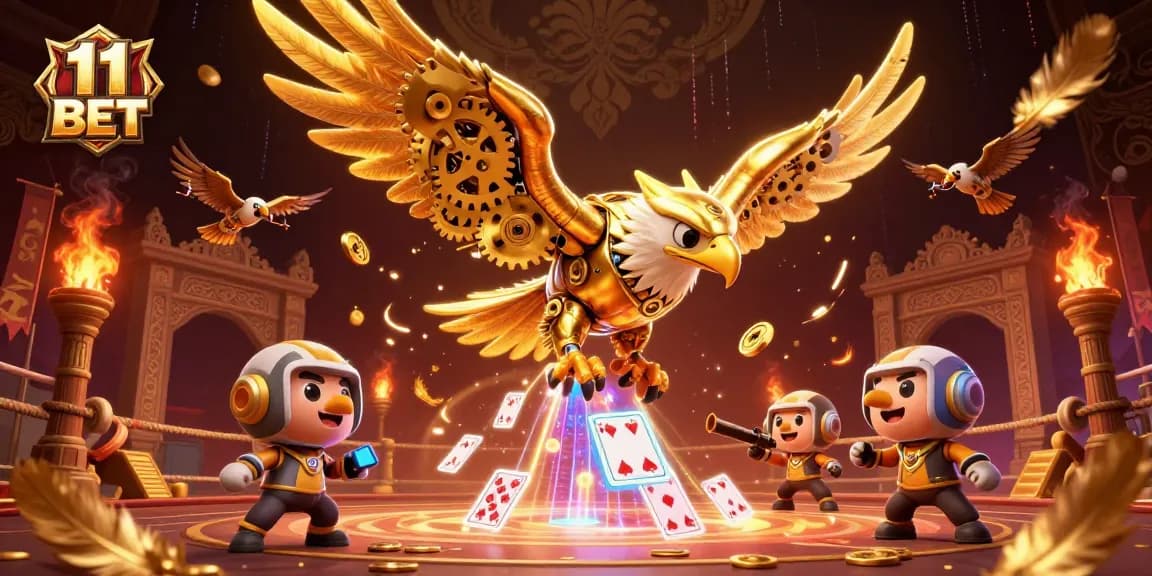 Experience thrilling fun at 11 BET with a dynamic illustration showcasing exciting casino game elements.