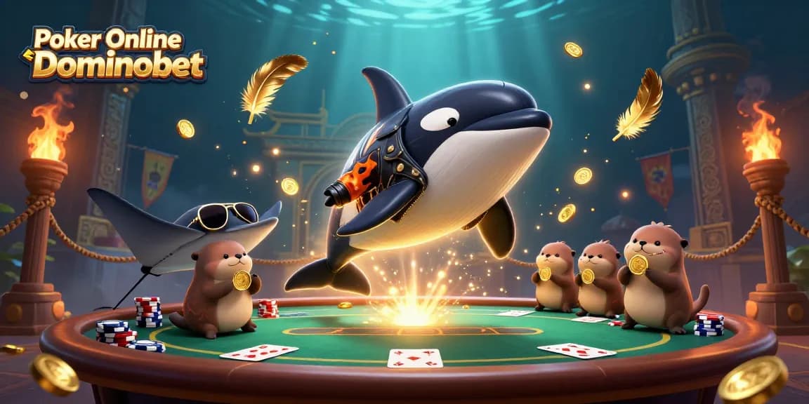 Engage in thrilling Poker Online Dominobet action with whimsical characters, coins, and casino elements.