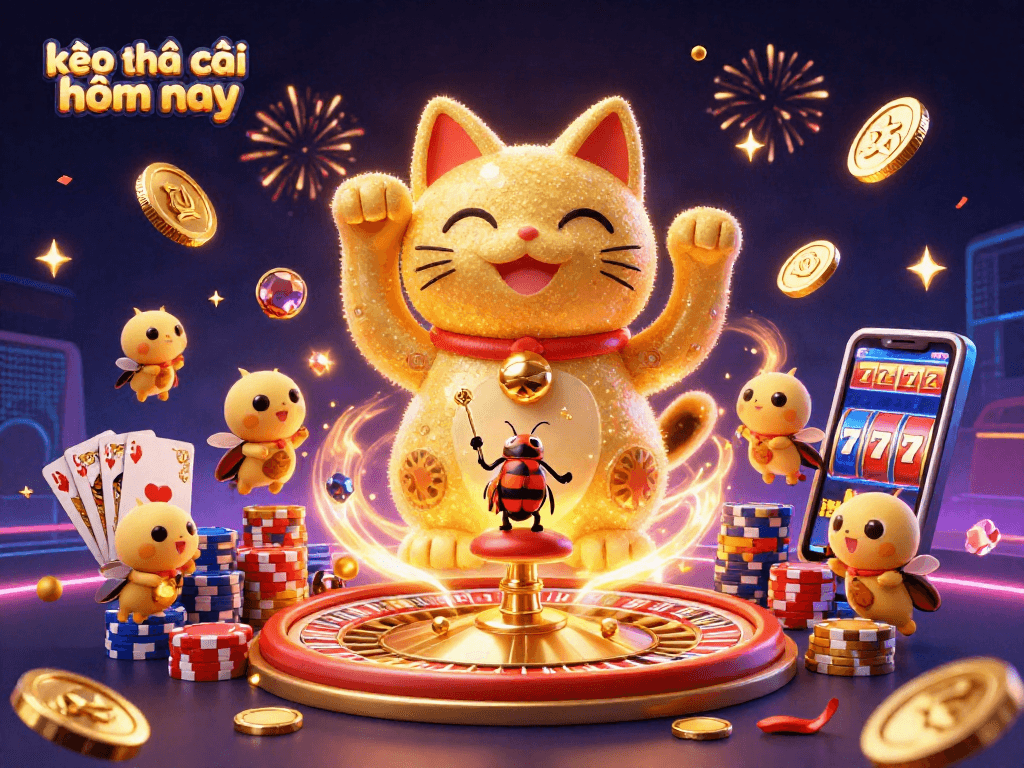 Experience kèo nhà cái hôm nay with vibrant casino elements, lucky cat, and dynamic game symbols.