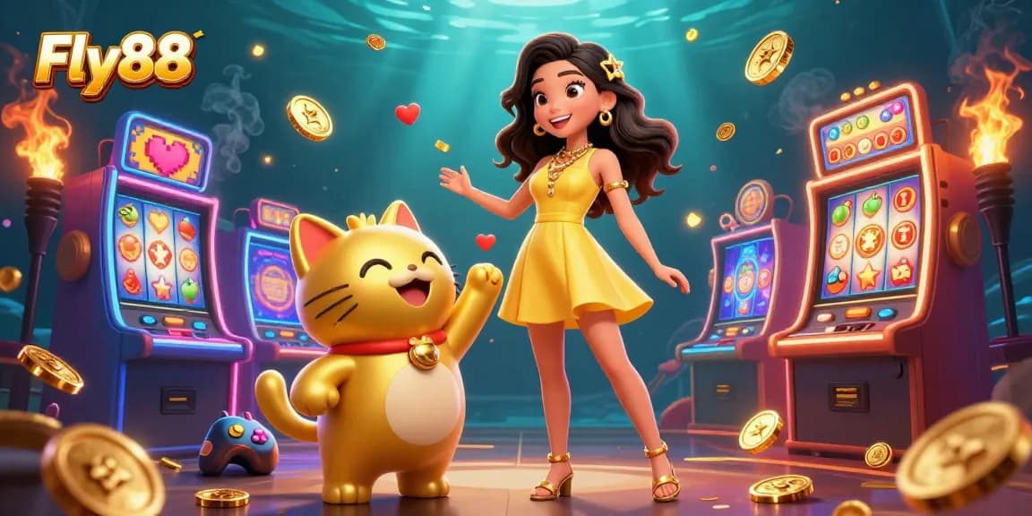 Play exciting slots at Fly88 with an engaging scene of a cheerful woman and lucky cat surrounded by casino elements.