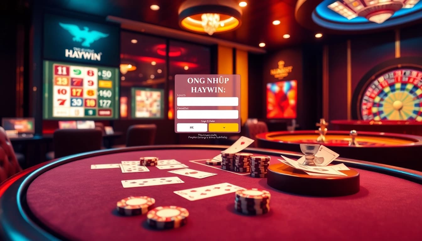 Login interface featuring ĐĂNG NHẬP HAYWIN with poker chips and casino elements.