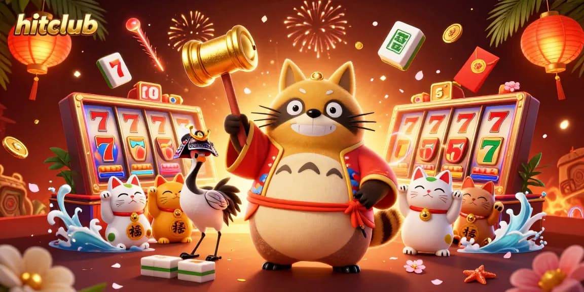 Hitclub offers exciting gameplay, showcasing cheerful tanuki and festive symbols in a dynamic casino scene.