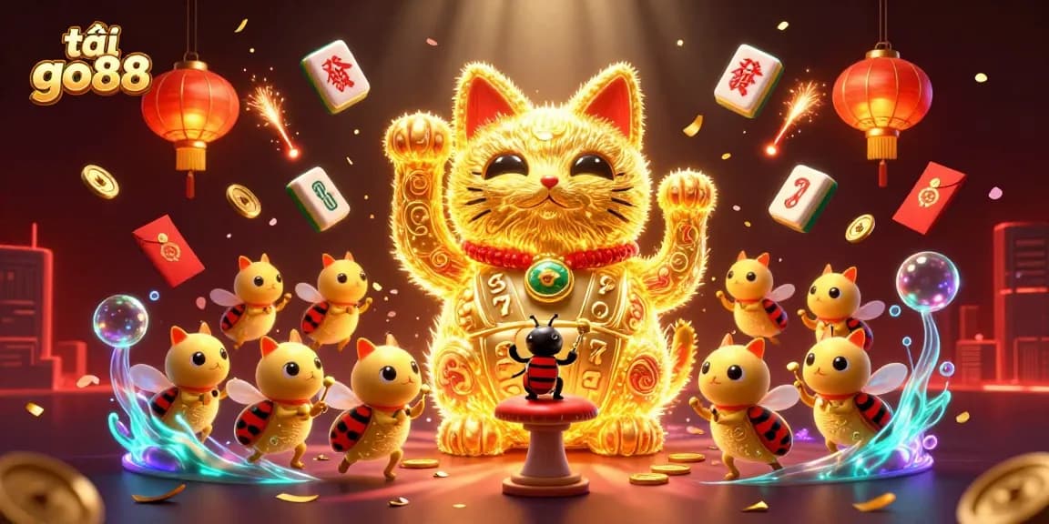 Engage with tải go88, a vibrant casino-themed illustration featuring a lucky cat and dynamic gambling elements.